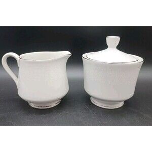 Crown Victoria LOVELACE Creamer & Sugar Bowl w/ Lid White Floral Platinum Trim
